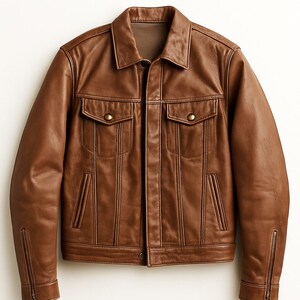 1960s 70s Vintage Brown Leather Trucker Jacket Cropped Fit Real Sheep Leather Retro Zip-Up Coat Top | Men/Women Retro Streetwear Fashion