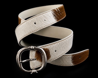 Unique Cow Hair-on-Leather Belt with Silver Buckle Unisex