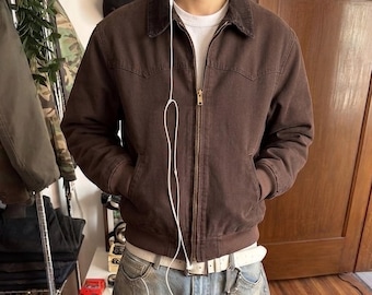 Vintage 90s Brown Cotton Twill Detroit Jacket, Corduroy Collar, Boxy Workwear Coat