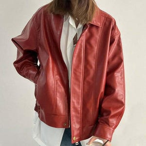 Women’s Vintage Red Faux Leather Jacket – 90s Minimalist Style with Snap Button Front and Elastic Waist – Retro Streetwear Leatherwear Coat