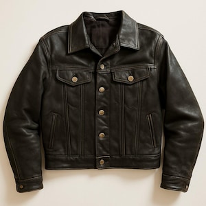 1960s Cropped Black Leather Trucker Jacket – Vintage Western Style with Snap Buttons & Flap Chest Pockets – Retro Mens Outerwear Leatherwear
