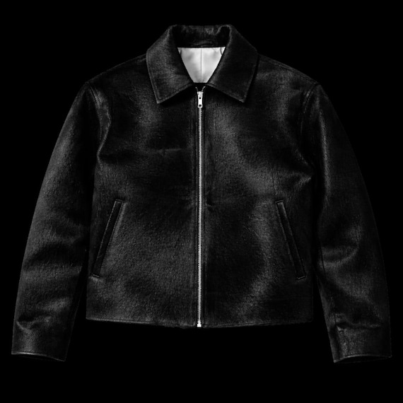 Vintage Black Cowhide Hair Leather Jacket, Western Yoke Bomber