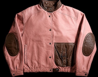 Vintage 1980s Cargo Leather Jacket Pink/Brown Cowhide Bomber Utility Aviator