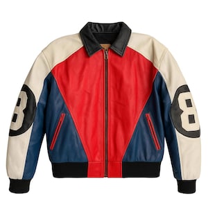 Vintage Colorblock Leather Bomber Jacket – Red White Blue Retro Racing Style with Number 8 Sleeves – 90s Men’s Streetwear Coat Top Zip Up