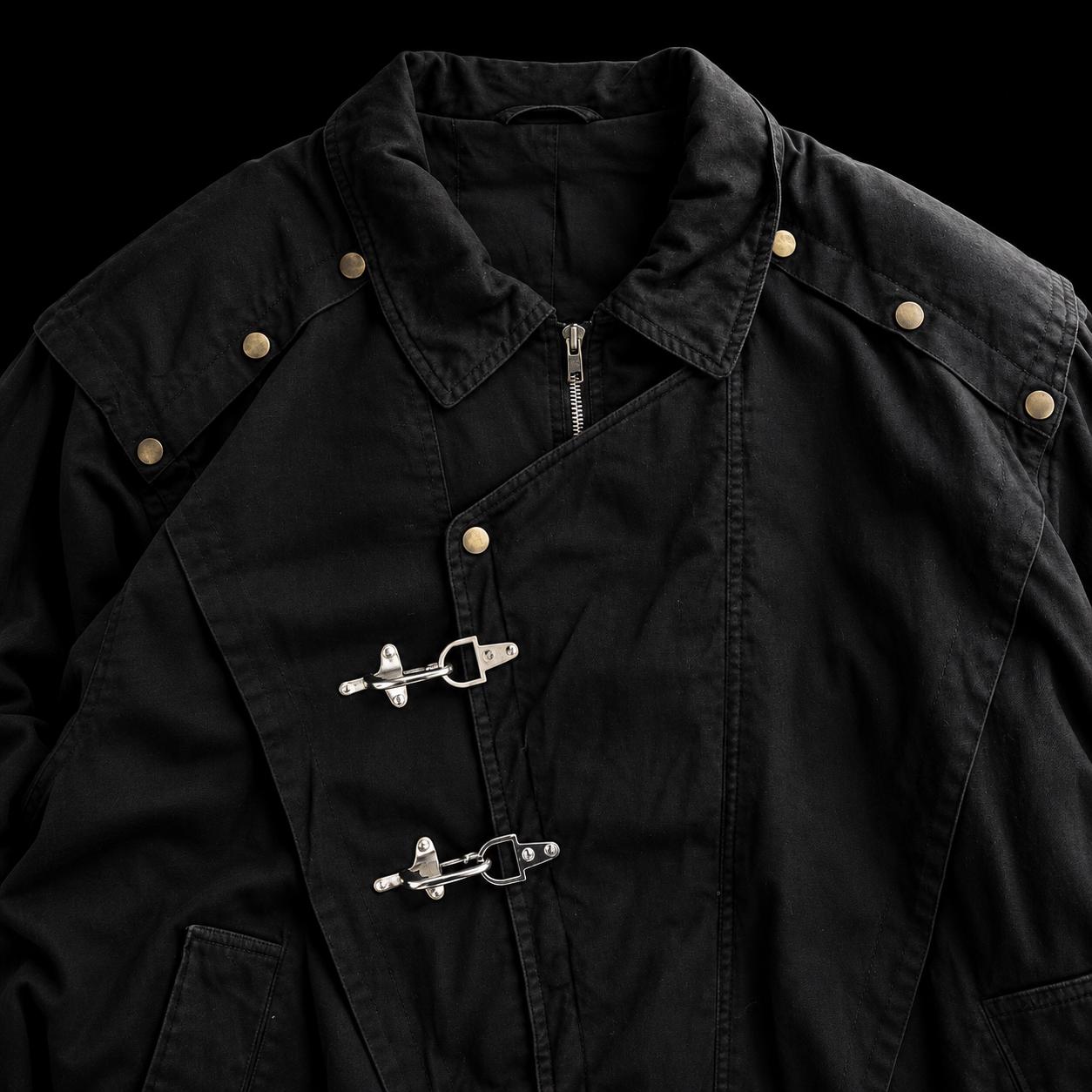 Vintage Japanese Black Fireman Clasp Cotton Canvas Jacket Moto