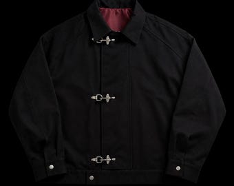 Vintage Hook Cotton Canvas Jacket Fireman Clasp Red Lining Workwear Coat Outerwear