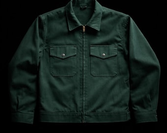 Vintage 1950s Green Cotton Work Jacket – Zip Front Chore Coat, Retro Industrial Style