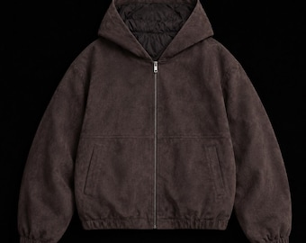 Handmade Boxy Fit Brown Suede Hooded Bomber Jacket Quilted Liner Outerwear