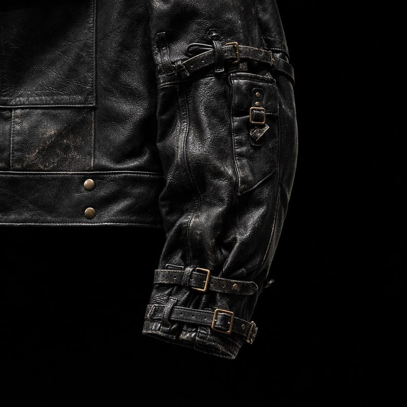 Chaqueta de motociclista militar sueca de los años 50: chaqueta de cuero de vaca negro con hebillas y cierre asimétrico. imagen 3