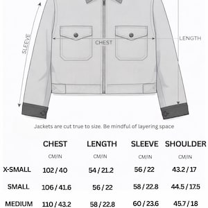 May include: A size guide for a cropped jacket featuring a line drawing of the garment with arrows indicating measurements for shoulders, sleeves, chest, and length. A table provides specific dimensions in inches for sizes X-Small to 2X-Large.