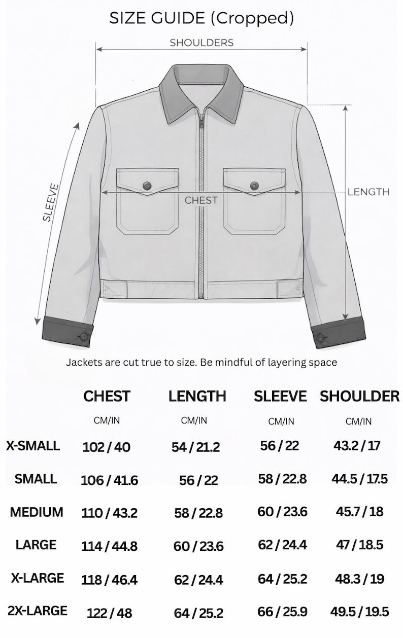 May include: A size guide for a cropped jacket featuring a line drawing of the garment with arrows indicating measurements for shoulders, sleeves, chest, and length. A table provides specific dimensions in inches for sizes X-Small to 2X-Large.