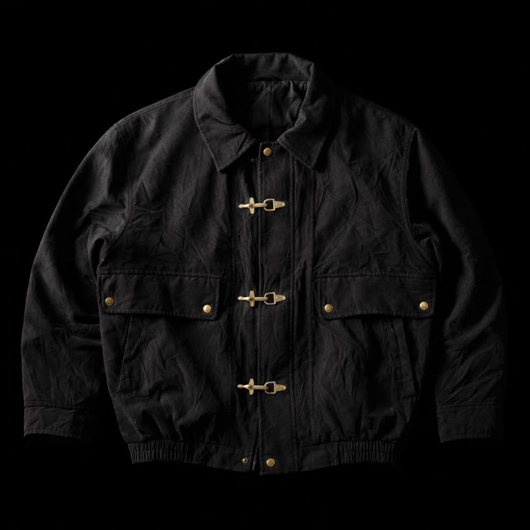 Vintage Black Cotton Twill Fireman Clasp Jacket – Boxy Fit Utility
