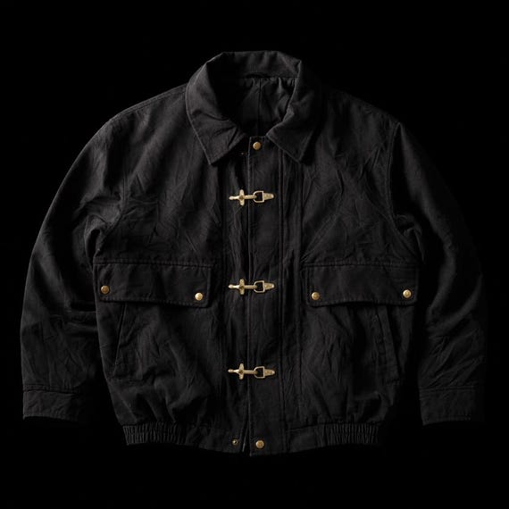 Vintage Black Cotton Twill Fireman Clasp Jacket – Boxy Fit Utility