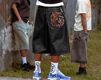 Embroidered Matte Black Faux Leather Baggy Jorts Streetwear