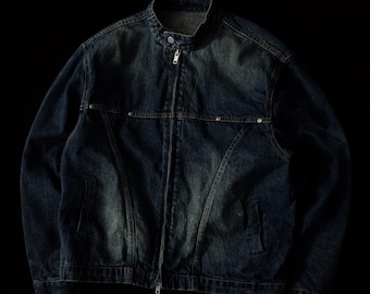 Vintage 90s Blue Denim Rider Jacket - High Neck, Double Zip Closure Classic Workwear Outerwear
