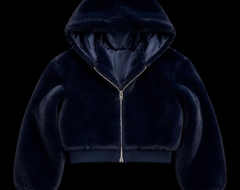 Women's Cropped Navy Faux Fur Hooded Bomber Jacket Y2K Teddy Coat Outerwear