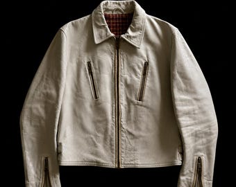 1980s Vintage Off-White Cropped Sheep Leather Jacket with Tartan Liner