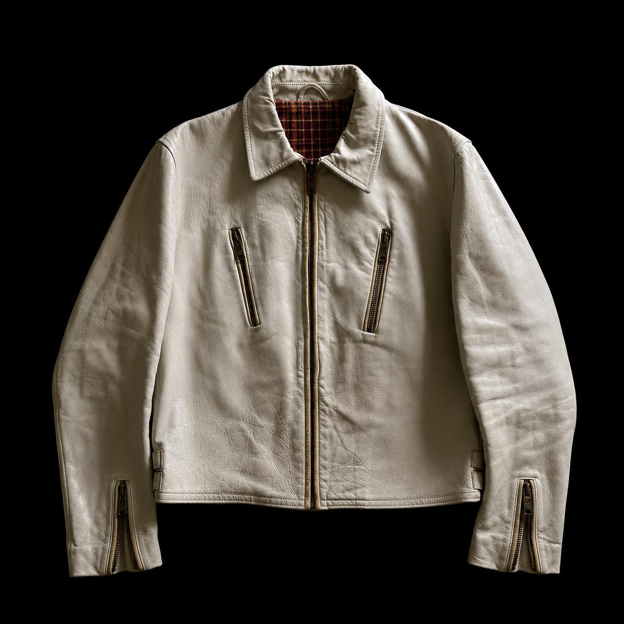 1980s Vintage Cropped Off-white Leather Jacket With Tartan Liner
