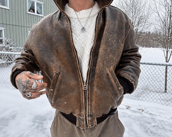 Vintage sliten brun A-2 pilotjacka i kohud, läder, Top Gun-stil
