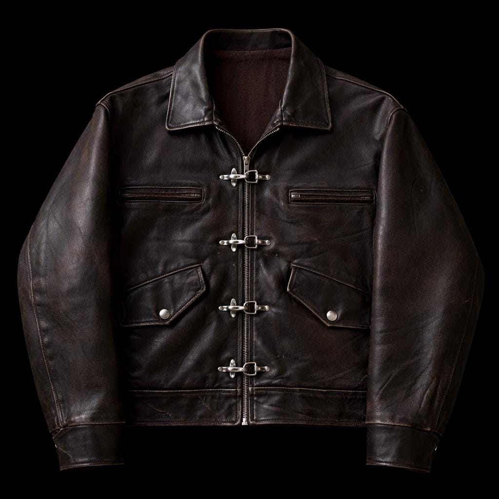 Vintage 80s Leather Fireman Clasp Jacket Cowhide Brown Leather