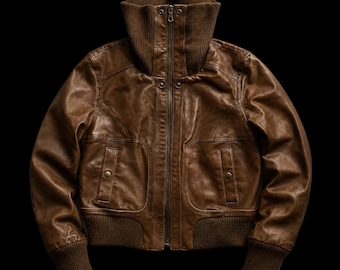 Vintage Brown Funnel Neck Faux Leather Cropped Bomber Jacket
