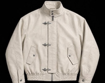 Vintage Cream Leather Fireman Clasp Jacket Streetwear Cafe Racer