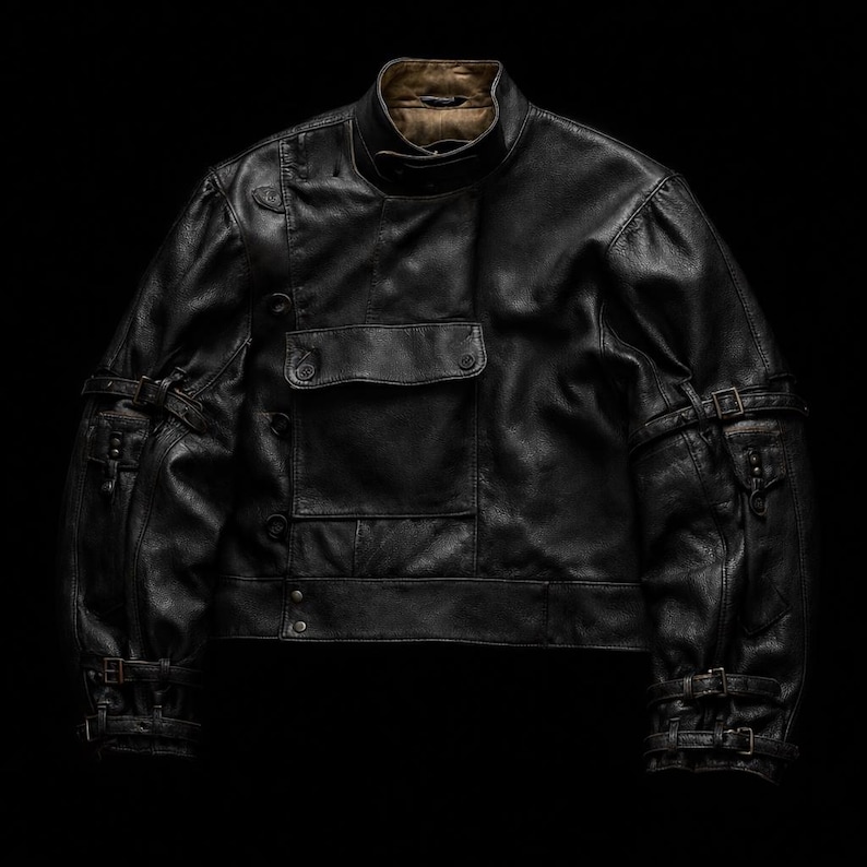 Puede incluir: Una chaqueta de cuero negro con cuello alto y cierre de broche, un bolsillo rectangular grande en el pecho con solapa y m&uacute;ltiples correas con hebilla ajustables en las mangas y los pu&ntilde;os. La chaqueta tiene un forro interior de color beige.