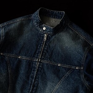 Vintage 90s Blue Denim Rider Jacket - High Neck, Double Zip Closure Classic Workwear Outerwear image 3