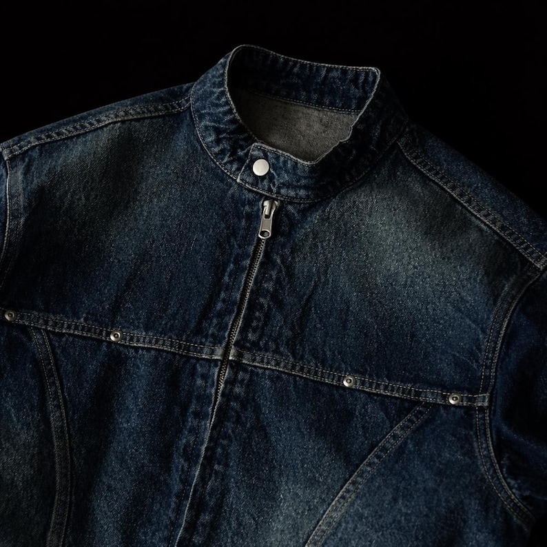 Vintage 90s Blue Denim Rider Jacket - High Neck, Double Zip Closure Classic Workwear Outerwear image 3