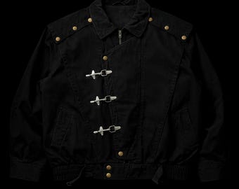 Vintage Japanese Black Fireman Clasp Cotton Canvas Jacket | Goth Moto Bomber