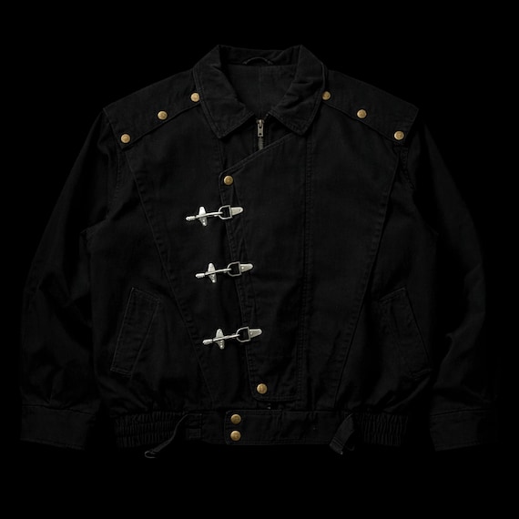 Vintage Japanese Black Fireman Clasp Cotton Canvas Jacket | Goth Moto Bomber