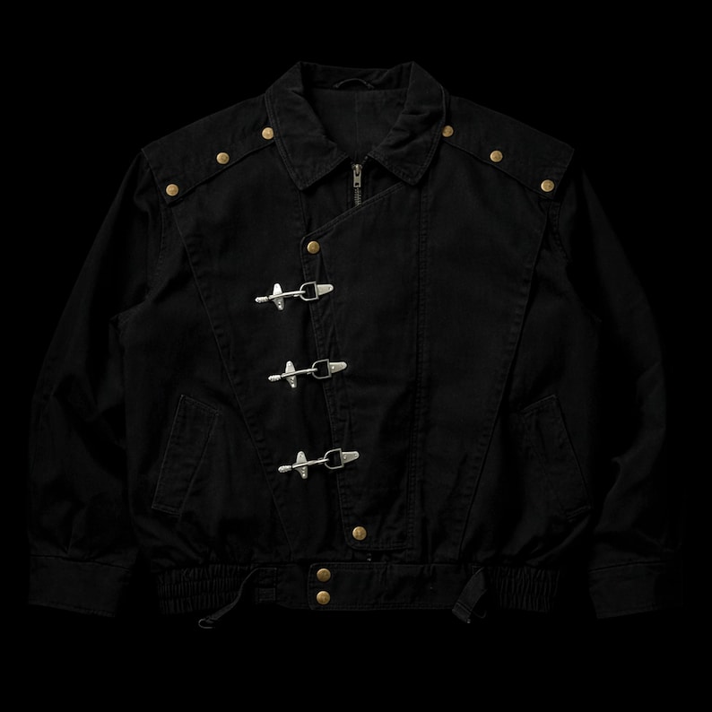 Vintage Japanese Black Fireman Clasp Cotton Canvas Jacket | Goth Moto Bomber image 1