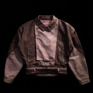 Könnte beinhalten: Eine zweifarbige Jacke mit einer dunkelbraunen Außenhülle und helleren, malvenfarbenen Einsätzen an der vorderen Mitte und den Ärmeln. Das Kleidungsstück verfügt über einen Umlegekragen, eine asymmetrische Knopfleiste vorne und zwei Reißverschlusstaschen.