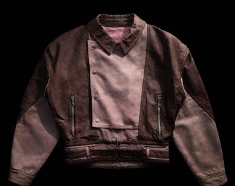 Vintage 1980s Duo Fabric Leather Cotton Bomber Jacket Asymmetrical Biker Coat Mixed Media Streetwear