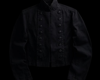 Black Cotton Architectural Cropped Jacket: Double Breasted, High Stand Collar, Boxy Fit