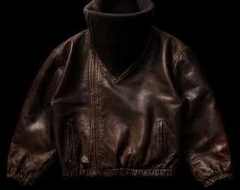 Couture Brown Cowhide Leather Funnel Neck Jacket Asymmetrical Roll Neck Bomber