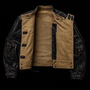 Chaqueta de motociclista militar sueca de los años 50: chaqueta de cuero de vaca negro con hebillas y cierre asimétrico. imagen 4