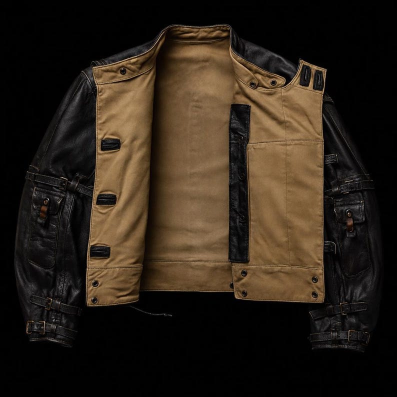 Chaqueta de motociclista militar sueca de los años 50: chaqueta de cuero de vaca negro con hebillas y cierre asimétrico. imagen 4