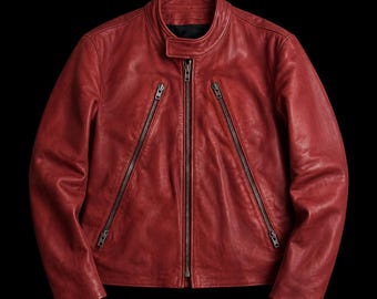 Vintage 1970s Red 5 Zip Sheep Leather Jacket Moto Cafe Racer Coat