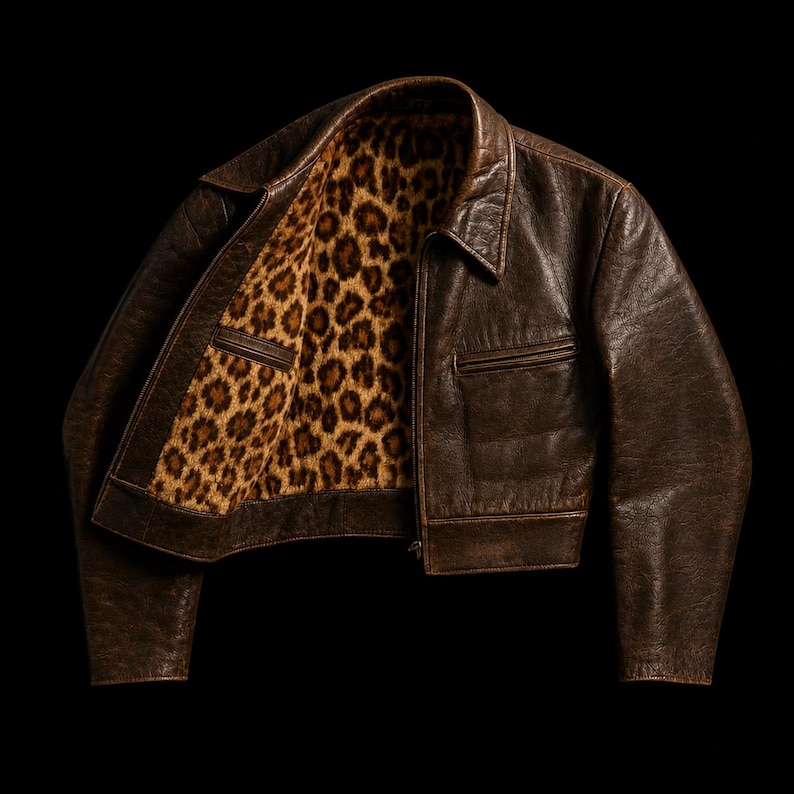 May include: A dark brown leather jacket featuring a pointed collar, long sleeves, and a front zipper closure. The interior lining is patterned with a tan and black leopard print, visible where the jacket is partially open at the front.