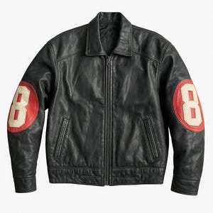 Vintage 8 Ball Pool Black Faux Leather Biker Jacket – Retro Varsity Style with Bold Red ‘8’ Sleeve Patches – 90s Men’s Streetwear