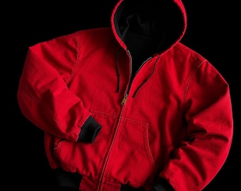 Vintage 90s Red Cotton Twill Detroit Hooded Jacket, Baggy, Boxy Workwear Coat