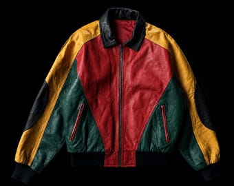 Vintage 90s 8 Ball Color Block Leather Bomber Jacket Streetwear Hip Hop Outerwear