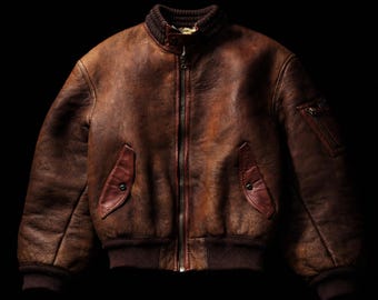 Vintage 80s Brown Cowhide Leather MA-1 Bomber Jacket Sherpa Lined Flight Coat