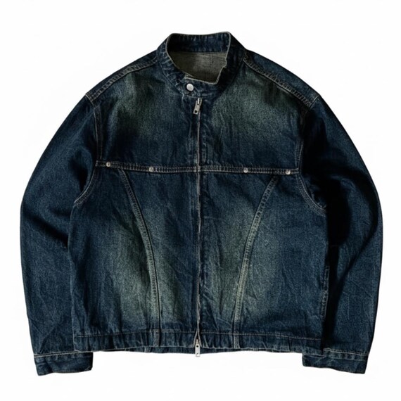 Vintage 90s Blue Denim Rider Jacket Faded Wash, High Neck, Double Zip Closure Classic Workwear Moto Outerwear Utility Coat Top Streetwear