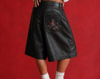 Japanska Koi-fiskar Broderade Jorts i konstläder Baggy Streetwear