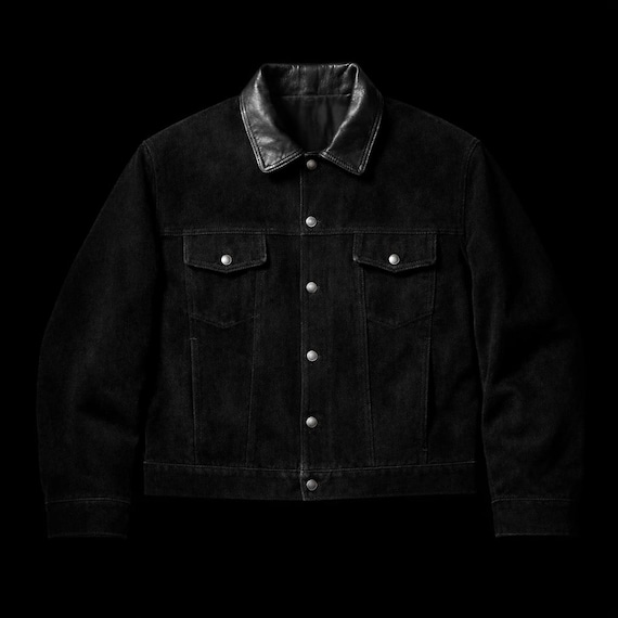 Vintage 1980s Black Suede Trucker Jacket with Leather Collar