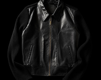 Vintage 90s Leather Knit Hybrid Jacket Black Ribbed Sleeve Bomber Coat