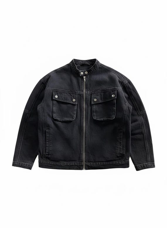 Vintage 90s Black Denim Rider Jacket Men's Moto Utility with Zipper Front & Flap Pockets – Casual Streetwear Outerwear Coat Top Workwear