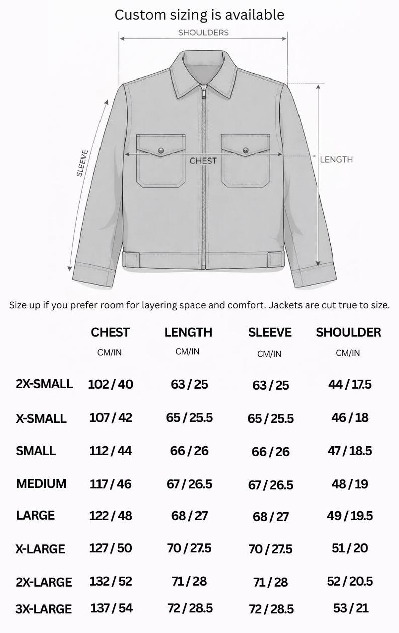May include: A diagram showing jacket measurements in cm and inches. Text states "Custom sizing is available." Measurements are provided for chest, length, sleeve, and shoulder, across sizes from 2X-Small to 3X-Large.